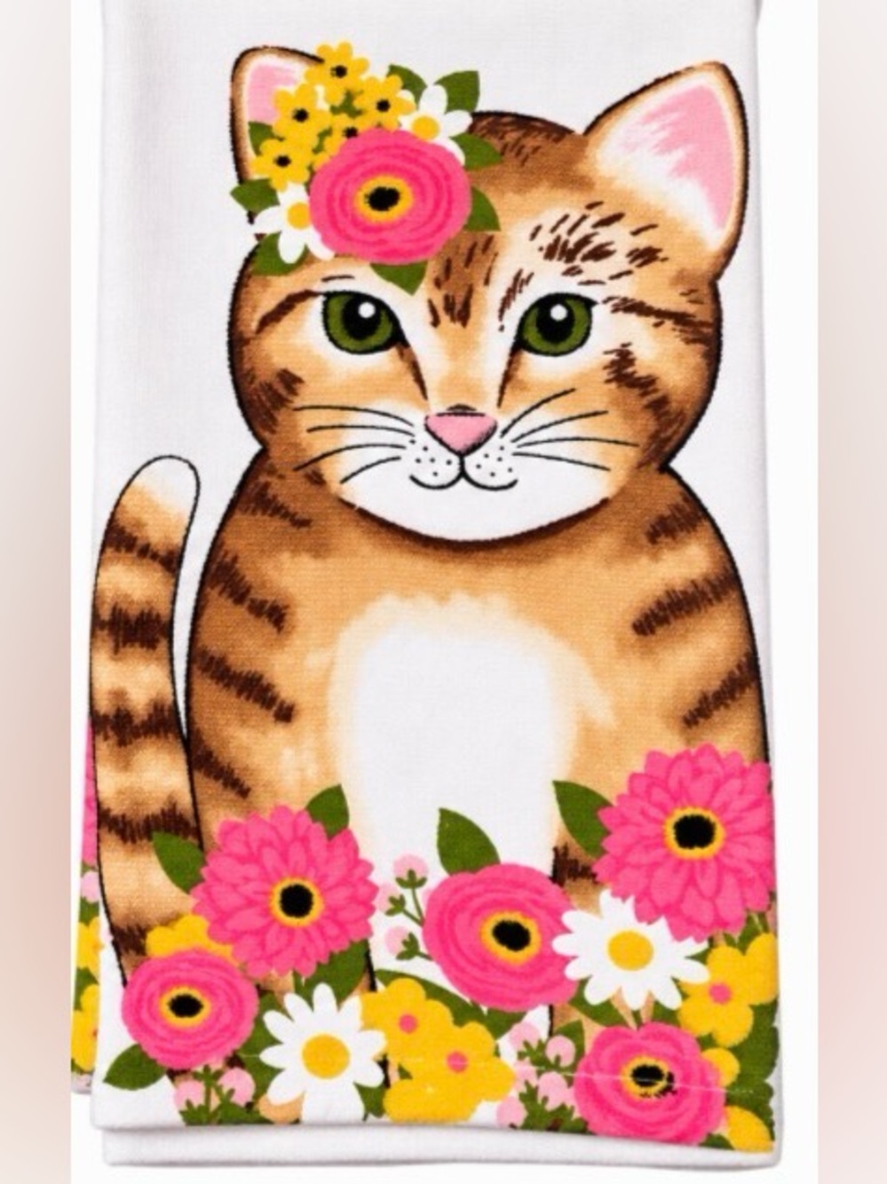 Floral Tabby Cat Kitchen Towel - Pink & Brown